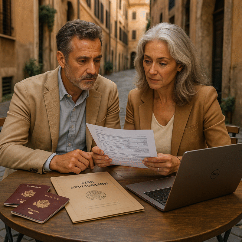 Older couple reviewing visa documents together at an outdoor café table in a narrow Italian alleyway, with passports, a visa application folder, and a laptop in front of them.