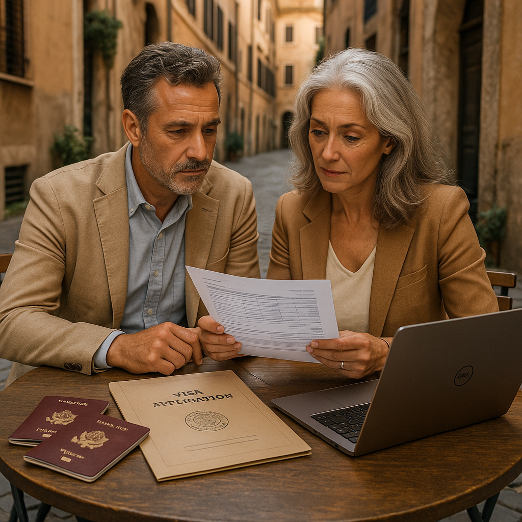 Older couple reviewing visa documents together at an outdoor café table in a narrow Italian alleyway, with passports, a visa application folder, and a laptop in front of them.