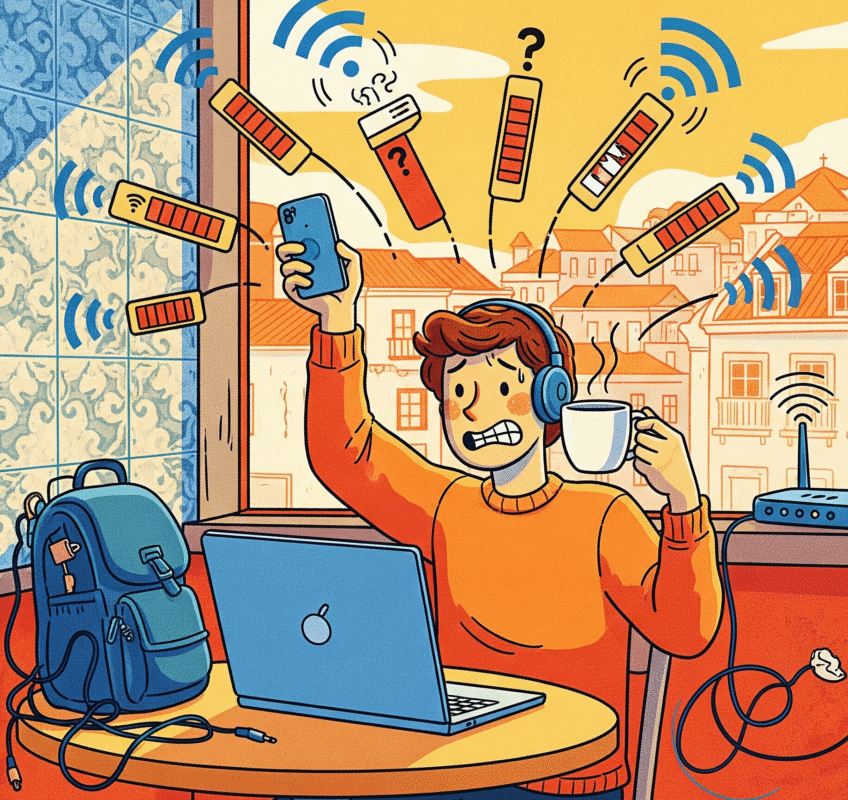 "Illustration of a person with short brown hair sitting at a café table in Lisbon, holding a laptop and raising their phone up high to find a signal. They have an anxious but determined expression. WiFi signal icons of varying strength float around them. The café has blue and white Portuguese tiles on the walls and orange rooftops visible through the window. A coffee cup sits on the wooden table next to tangled charging cables. The style is colorful editorial illustration with warm oranges, yellows, and blue accents.