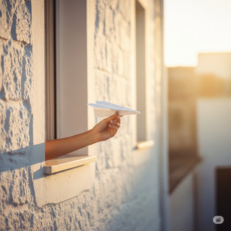 A hand holds a paper airplane out of a window in a Mediterranean building, symbolizing quiet communication and creative connection.