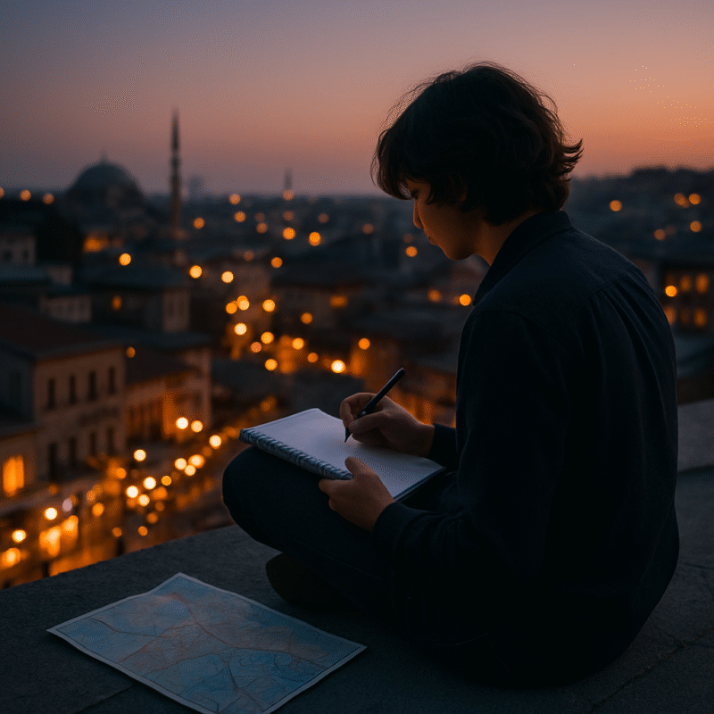 A woman sits alone on a rooftop at dusk with a notebook, city skyline in the background — capturing a quiet moment of clarity before making a big decision