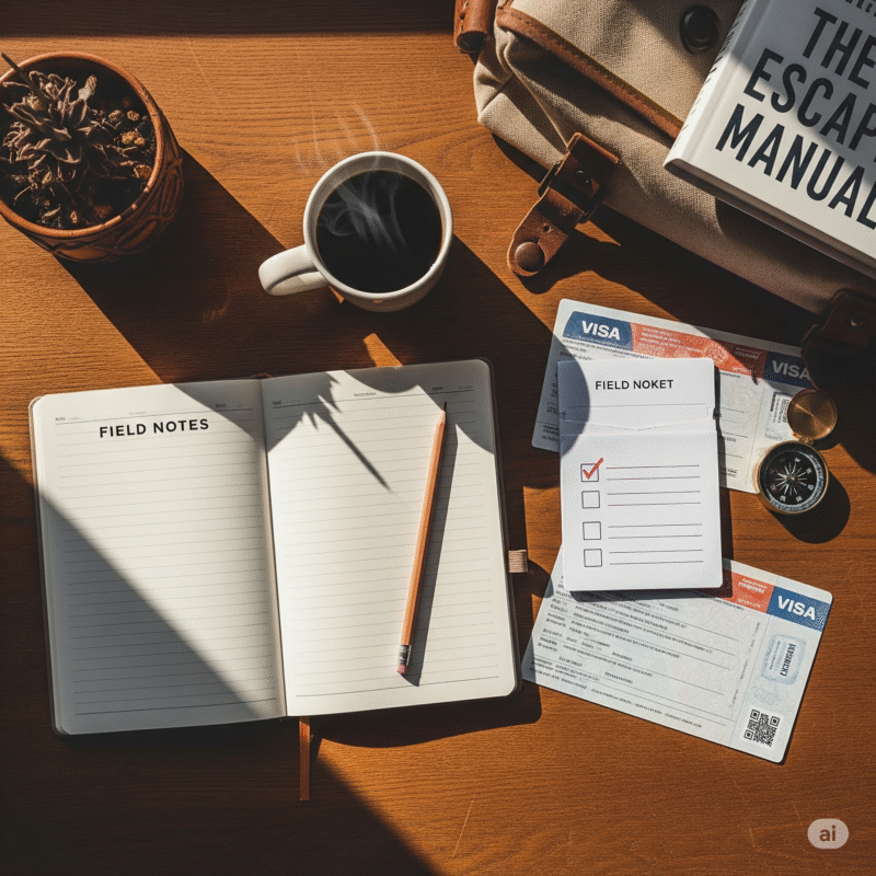 A top - down image of a journal, checklist, visa documents, coffee mug, and a copy of The Escape Manual — representing the Exit Strategy Toolkit included with the newsletter.
