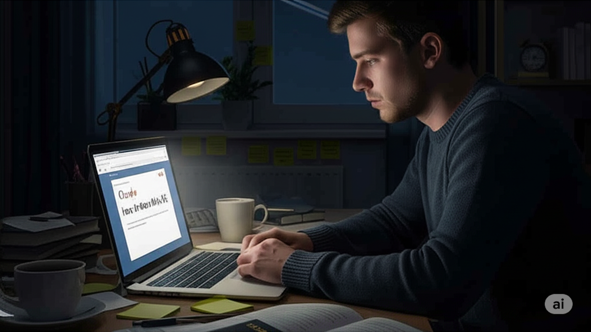 “Person sitting at cluttered desk at night, staring at laptop with ‘how to leave the U.S.’ in the search bar. Dim light, tired expression, airplane contrails in window reflection.”