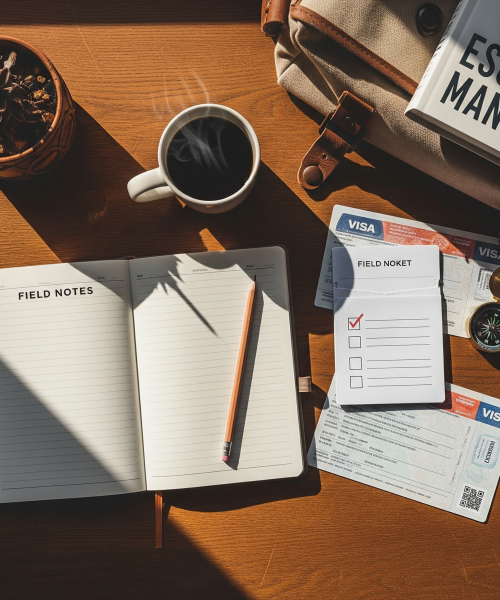 A top - down image of a journal, checklist, visa documents, coffee mug, and a copy of The Escape Manual — representing the Exit Strategy Toolkit included with the newsletter.